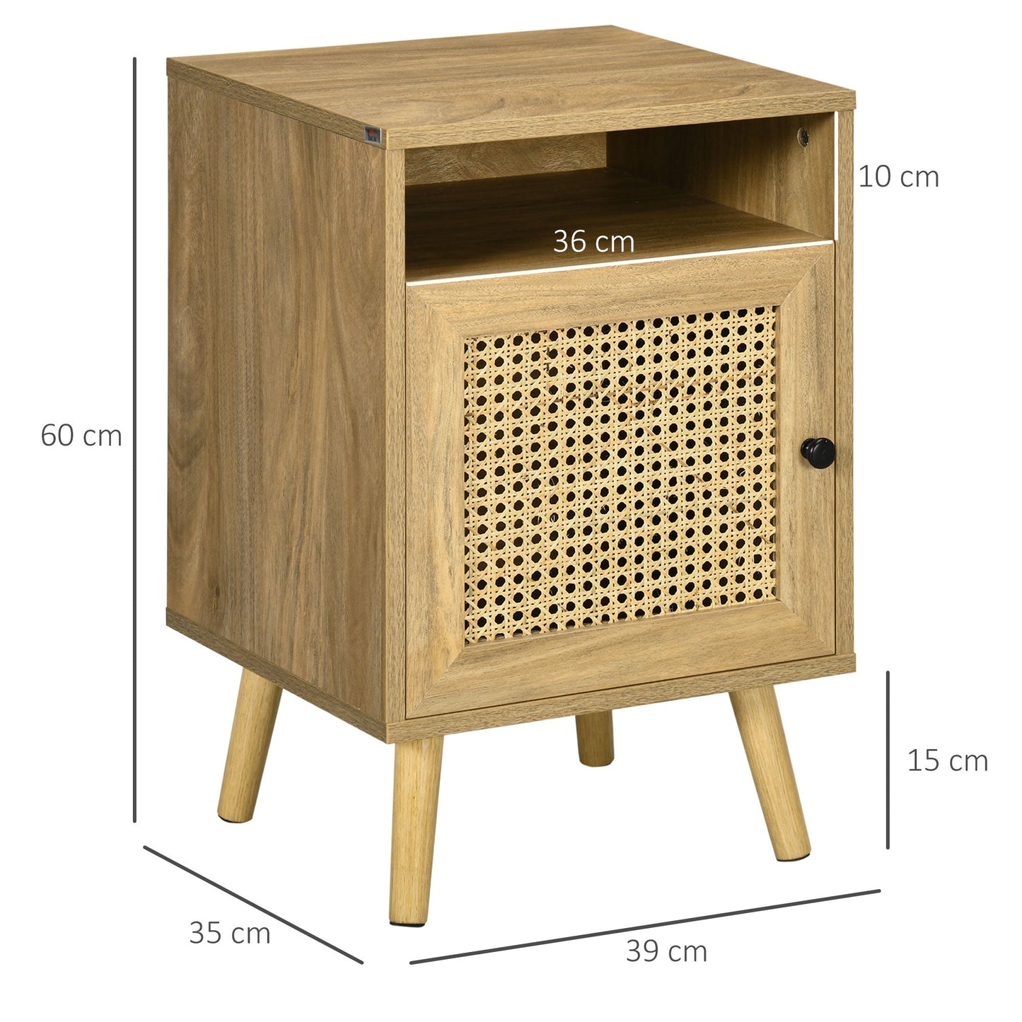 Stolik nocny HOMCOM z elementem rattanowym, stolik boczny z półką i szafką, 39 cm x 35 cm x 60 cm, zestaw 2 sztuk, naturalny