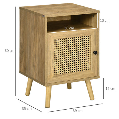 Stolik nocny HOMCOM z elementem rattanowym, stolik boczny z półką i szafką, 39 cm x 35 cm x 60 cm, zestaw 2 sztuk, naturalny