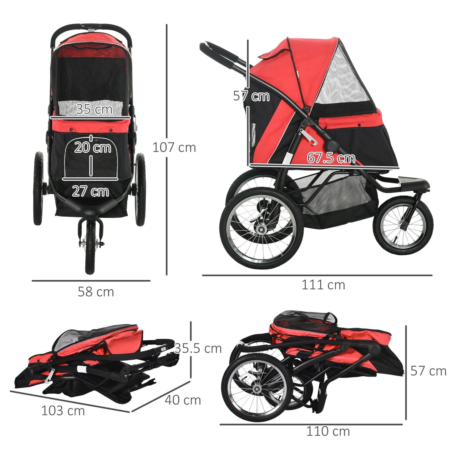 PawHut Pet Stroller Jogger for Medium, Small Dogs, Foldable Cat Pram Dog Pushchair w/ Adjustable Canopy, 3 Big Wheels - Red