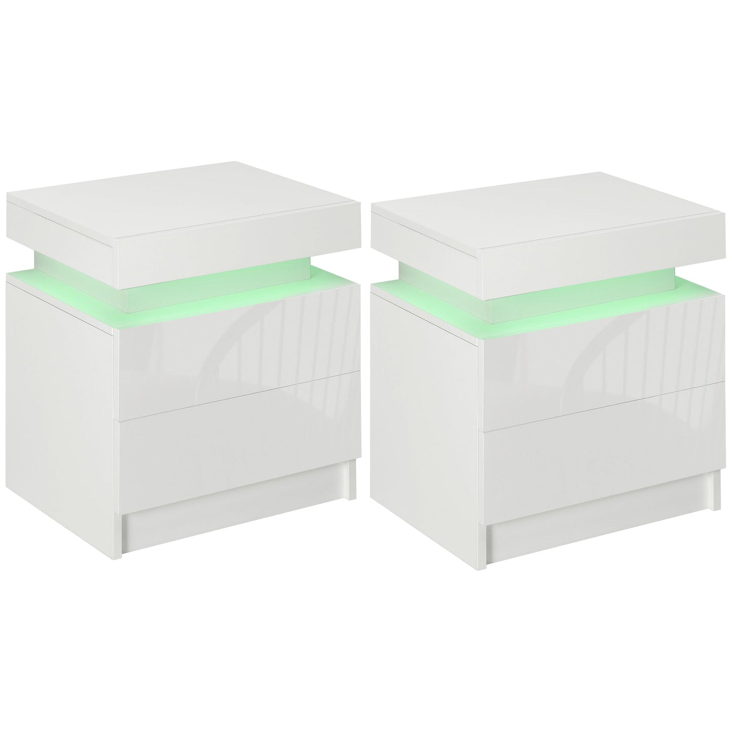HOMCOM Set of 2 White Bedside Tables with LED Lights, High Gloss Front Nightstands with 4 Drawers