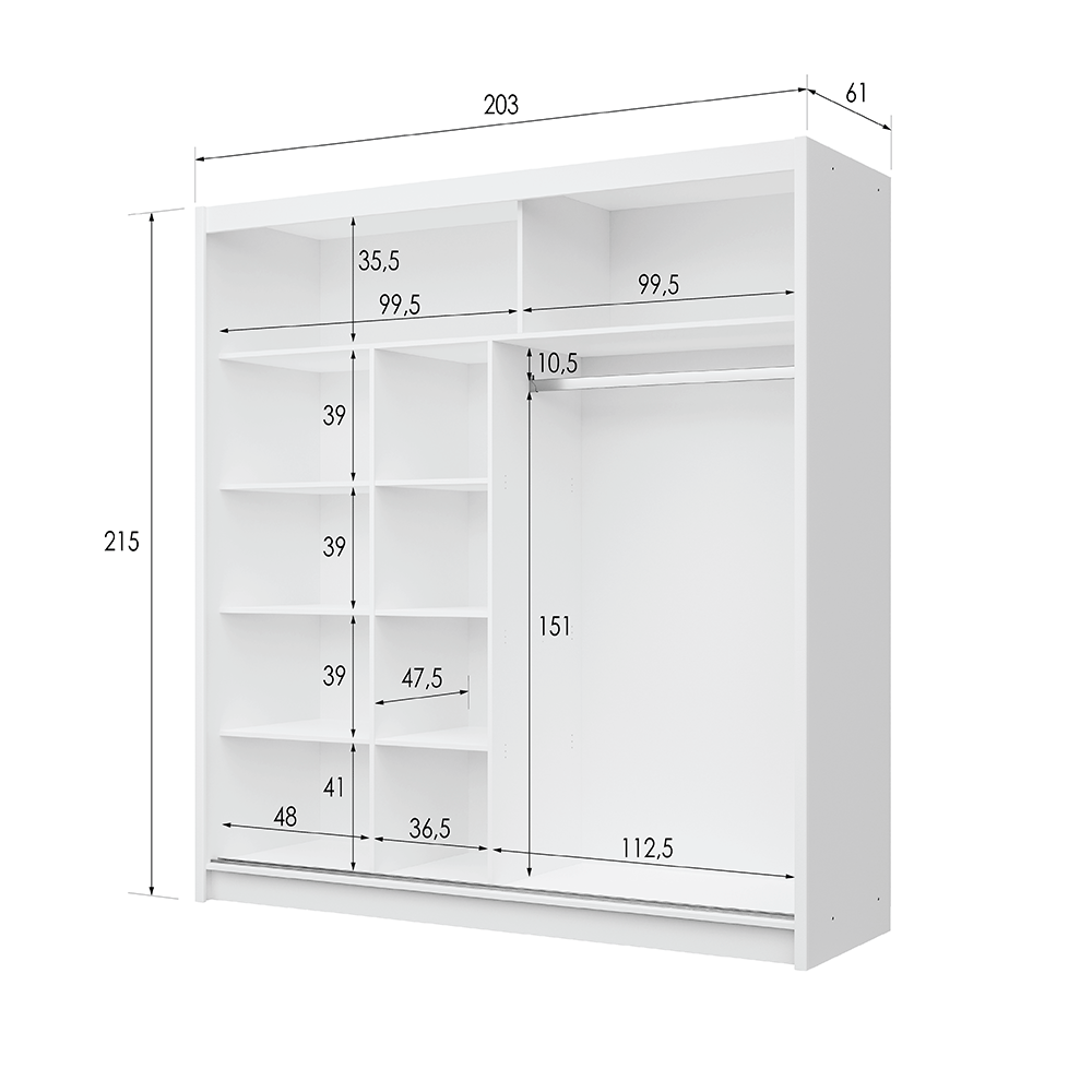 White Mirrored Sliding Door Wardrobe 203cm – MAYFAIR
