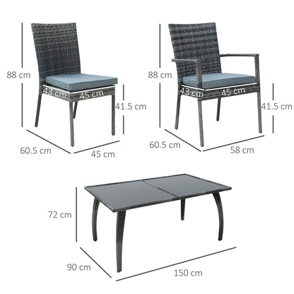 Outsunny 6 Seater Rattan Dining Set with Cushions, Rattan Garden Furniture Set, Outdoor Dining Table and Chairs with 6 Stackable Armchairs, Rectangular Glass Top Table for Patio, Balcony, Grey