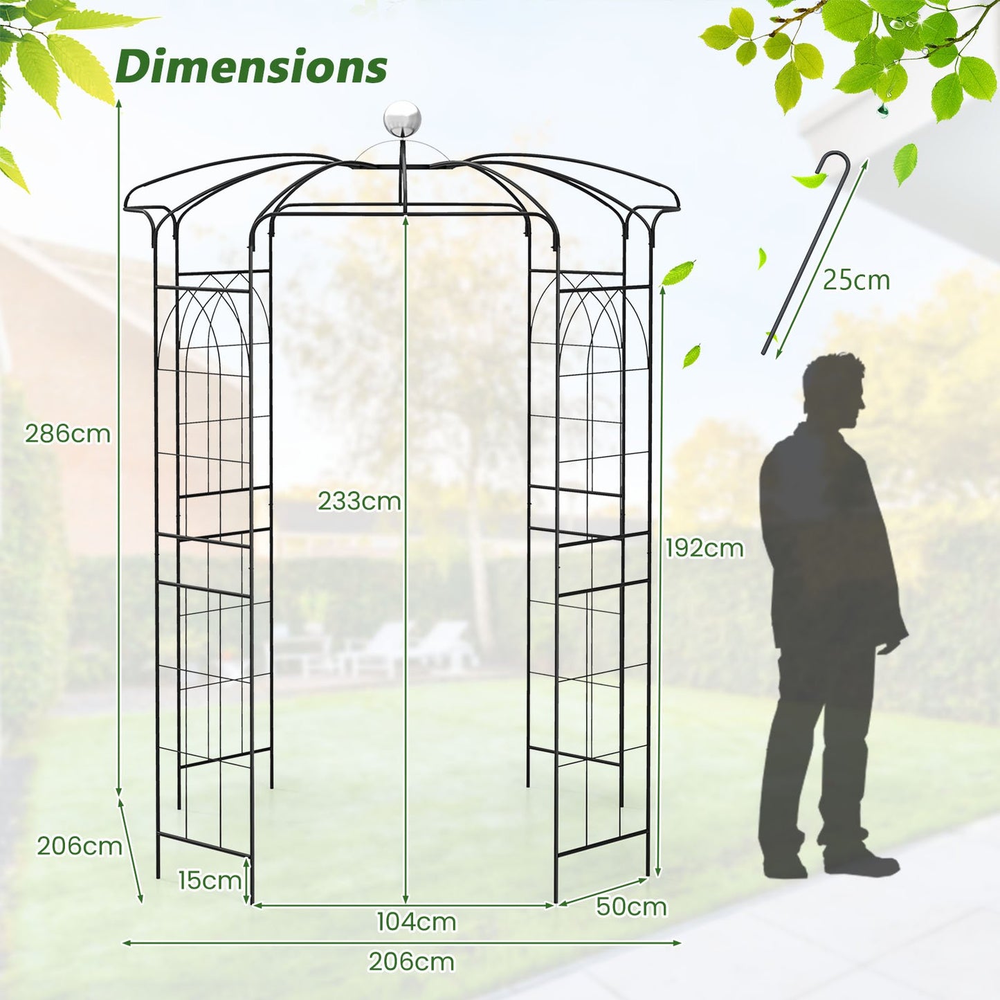 Birdcage Shape Gazebo Pergola Arch Trellis with Hanging Hook-Black