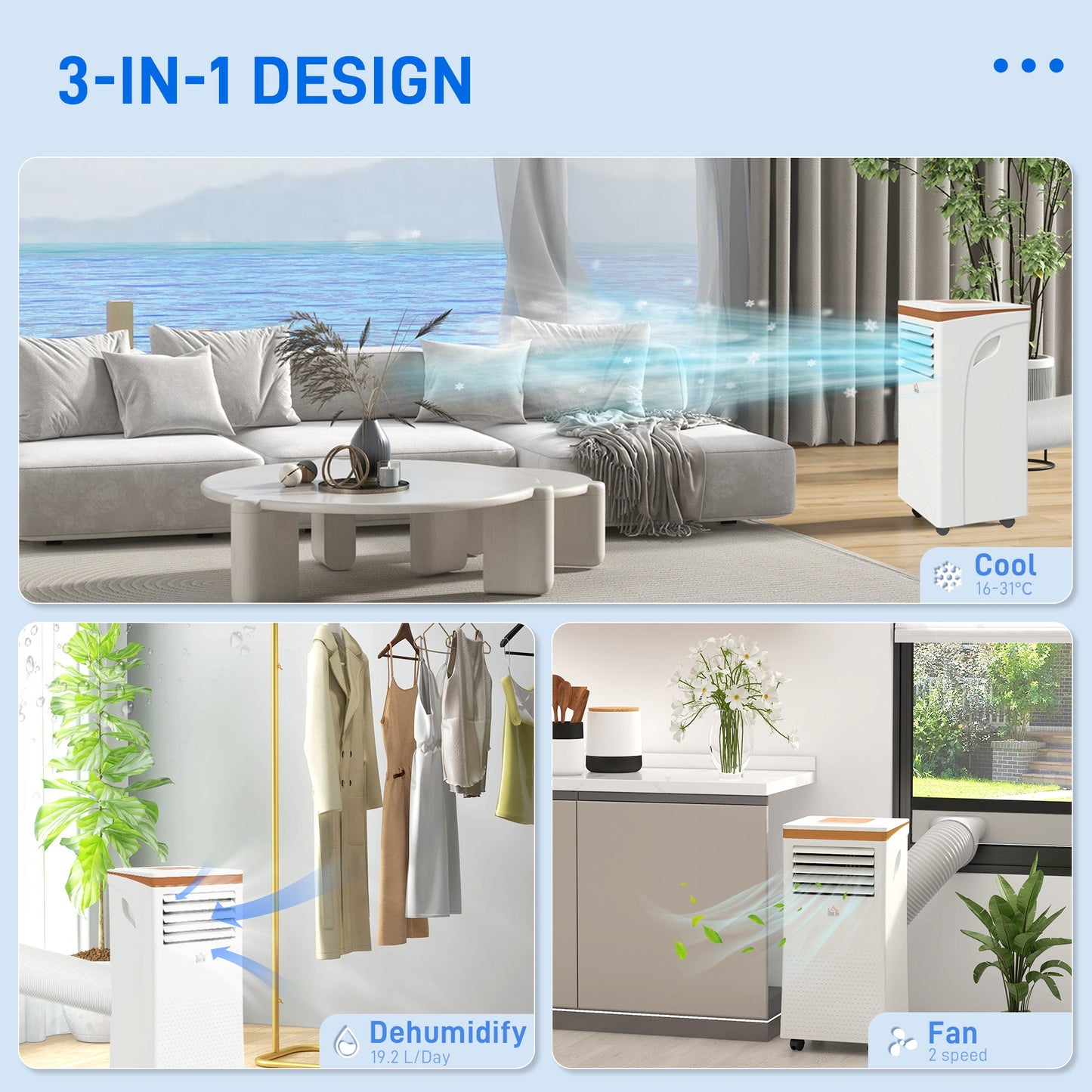 HOMCOM 7000 BTU Air Conditioning Unit, 3-in-1 Portable Air Conditioner, Dehumidifier, Cooling Fan with Remote, LED Display, 2 Speeds, 24H Timer, Window Venting Kit, 15m_