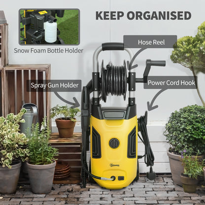 Outsunny 1800W High√Ç Pressure√Ç Washer, 150 Bar Pressure, 420 L/h Flow, Portable Power Washer Jet Wash Cleaner with Adjustable Nozzle, 6M Hose, Hose Reel, Steel Handle for Home Patio Car Driveway, Yellow