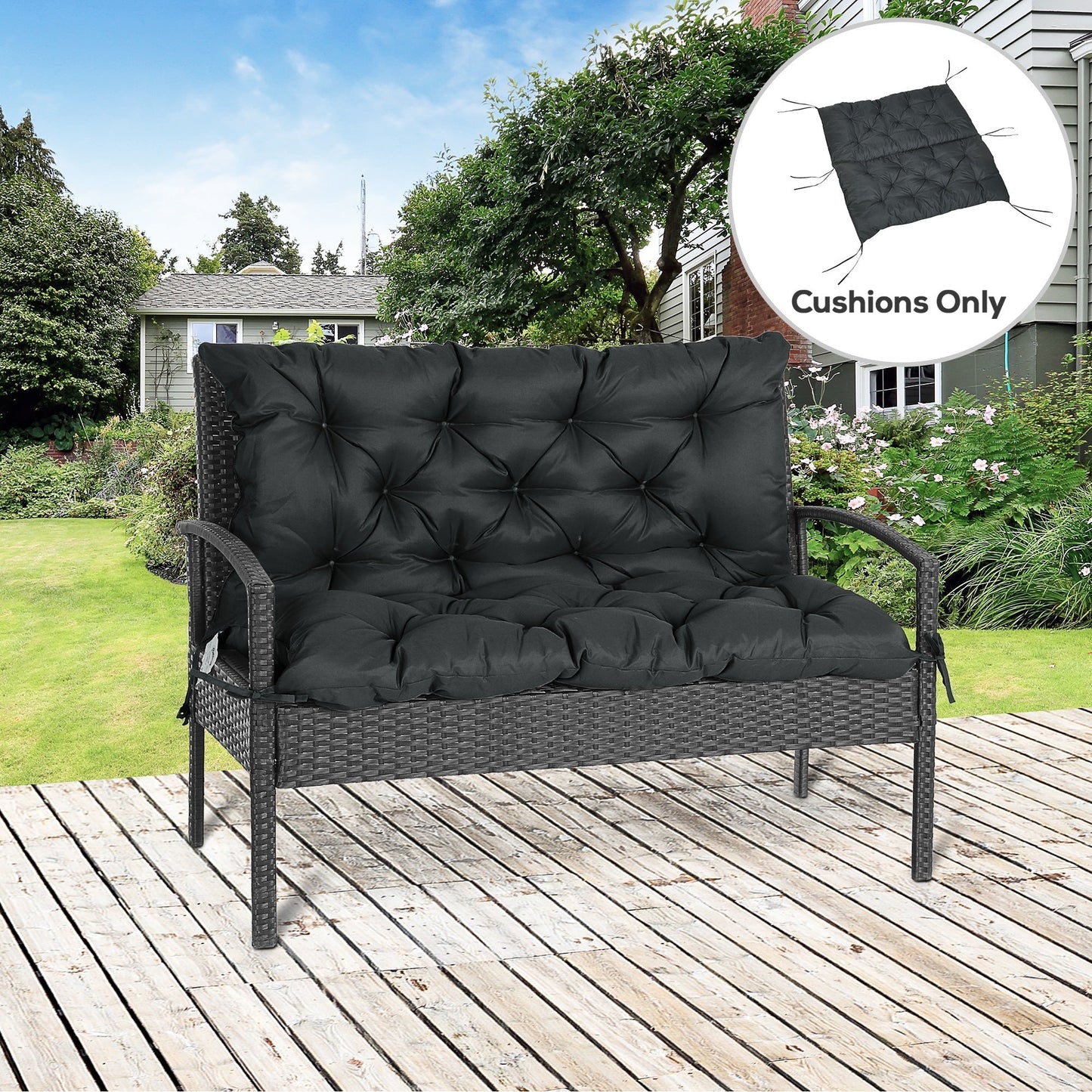 Outsunny 2 Seater Bench Pad, Garden Chair Cushion with Back and Ties for Indoor and Outdoor Use, 98 x 100 cm, Black