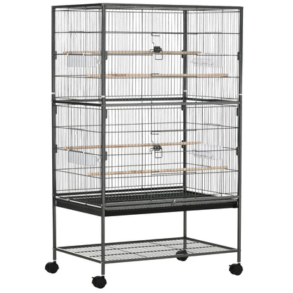 PawHut Large Bird Cage Budgie Cage for Finch Canaries Parakeet with Rolling Stand, Slide-out Tray, Storage Shelf, Food Containers, Dark Grey