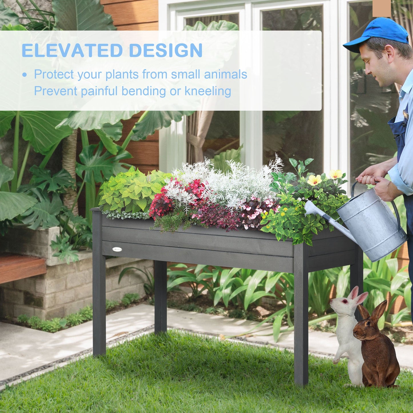 Outsunny Raised Bed for Garden, Wooden Elevated Planter Box with Bed Liner, for Flower Vegetable Herb, Dark Grey