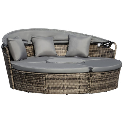 Outsunny Outdoor PE Rattan Garden Furniture with Cushioned, Patio Wicker Conversation Furniture Set, Round Daybed with Retractable Canopy, Coffee Table and Three Pillows, Dark Grey/Grey