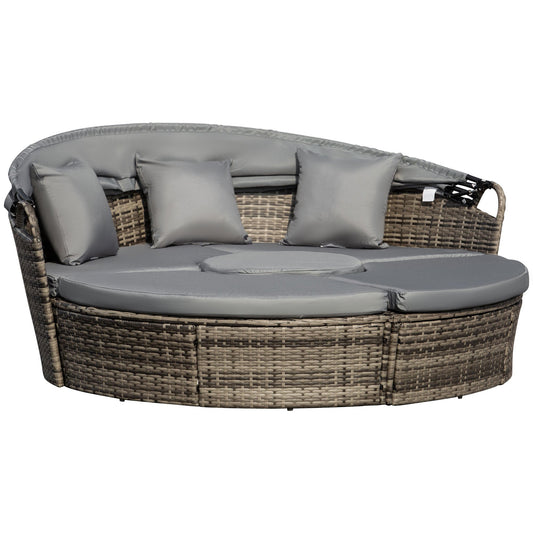 Outsunny Outdoor PE Rattan Garden Furniture with Cushioned, Patio Wicker Conversation Furniture Set, Round Daybed with Retractable Canopy, Coffee Table and Three Pillows, Dark Grey/Grey