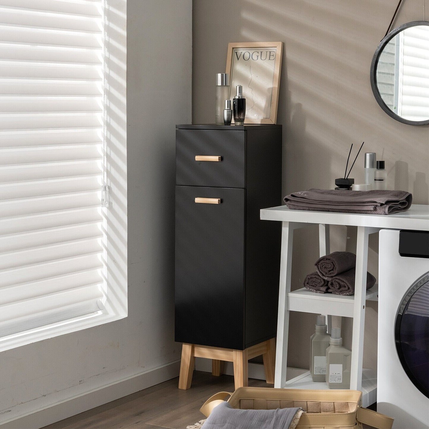 1-Door Freestanding Bathroom Cabinet with Drawer-Black