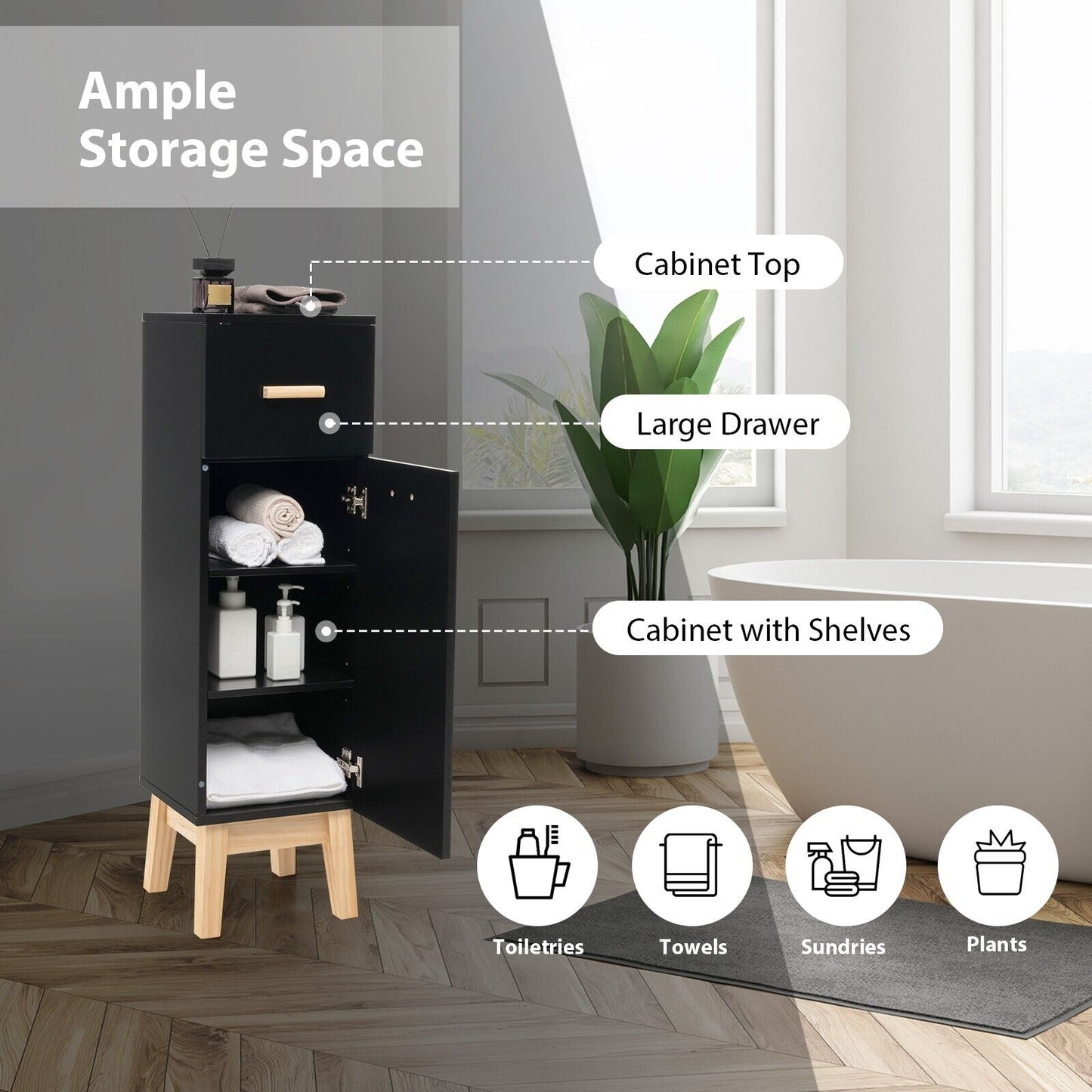 1-Door Freestanding Bathroom Cabinet with Drawer-Black