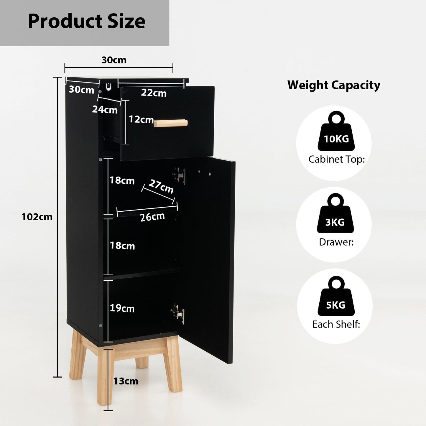 1-Door Freestanding Bathroom Cabinet with Drawer-Black