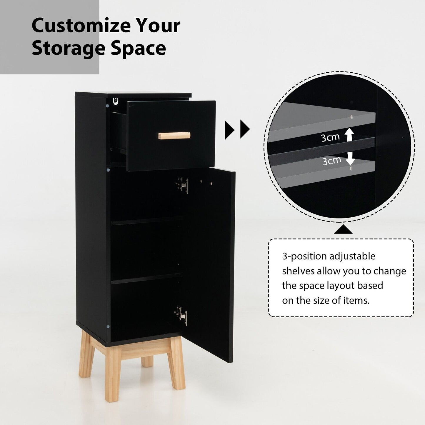 1-Door Freestanding Bathroom Cabinet with Drawer-Black