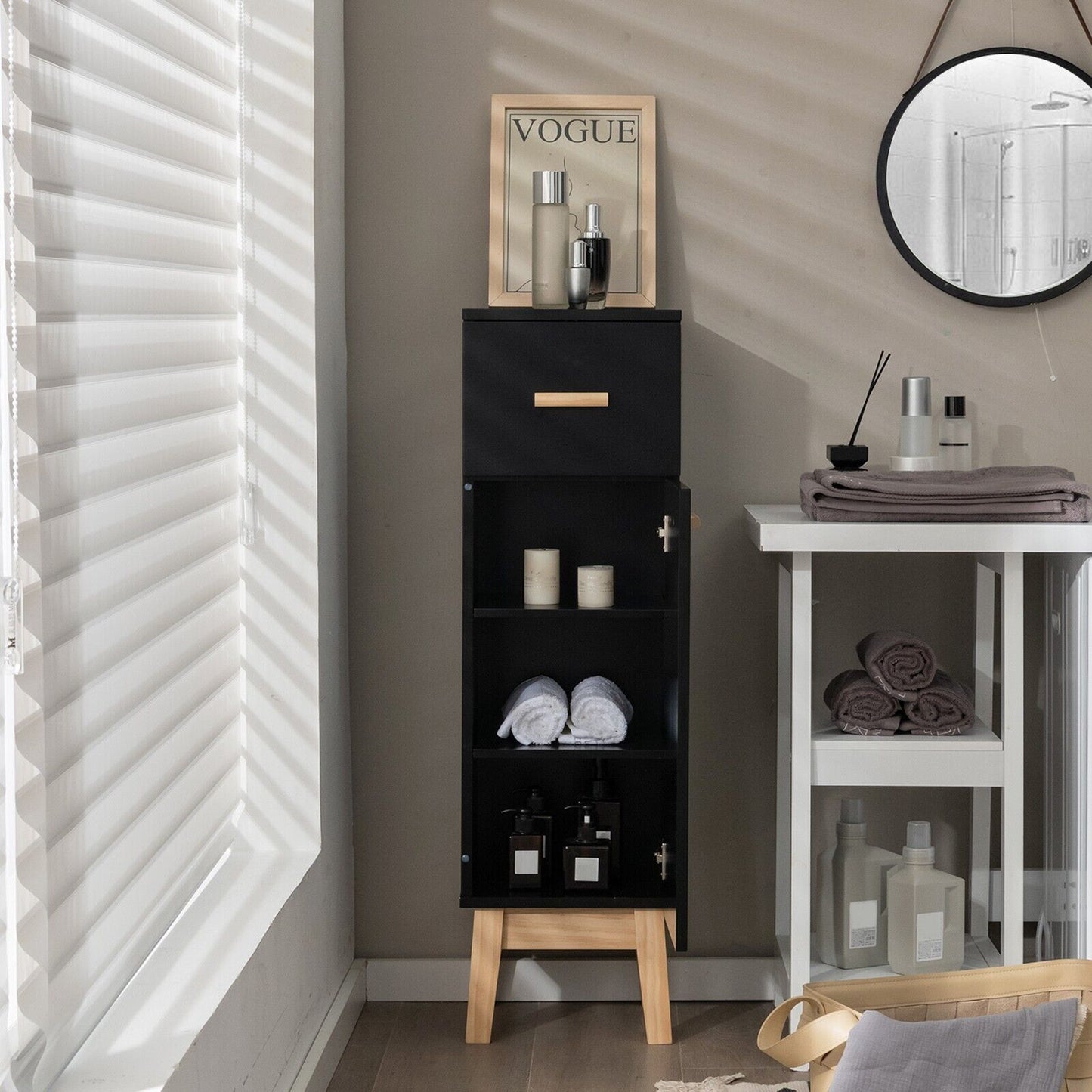 1-Door Freestanding Bathroom Cabinet with Drawer-Black