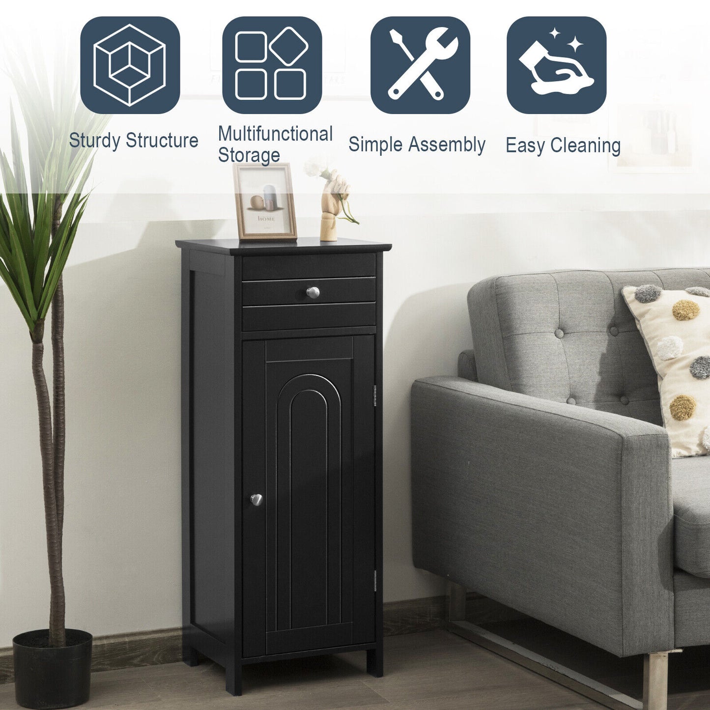 1-Door Freestanding Bathroom Storage Cabinet with Drawer and Adjustable Shelves-Black