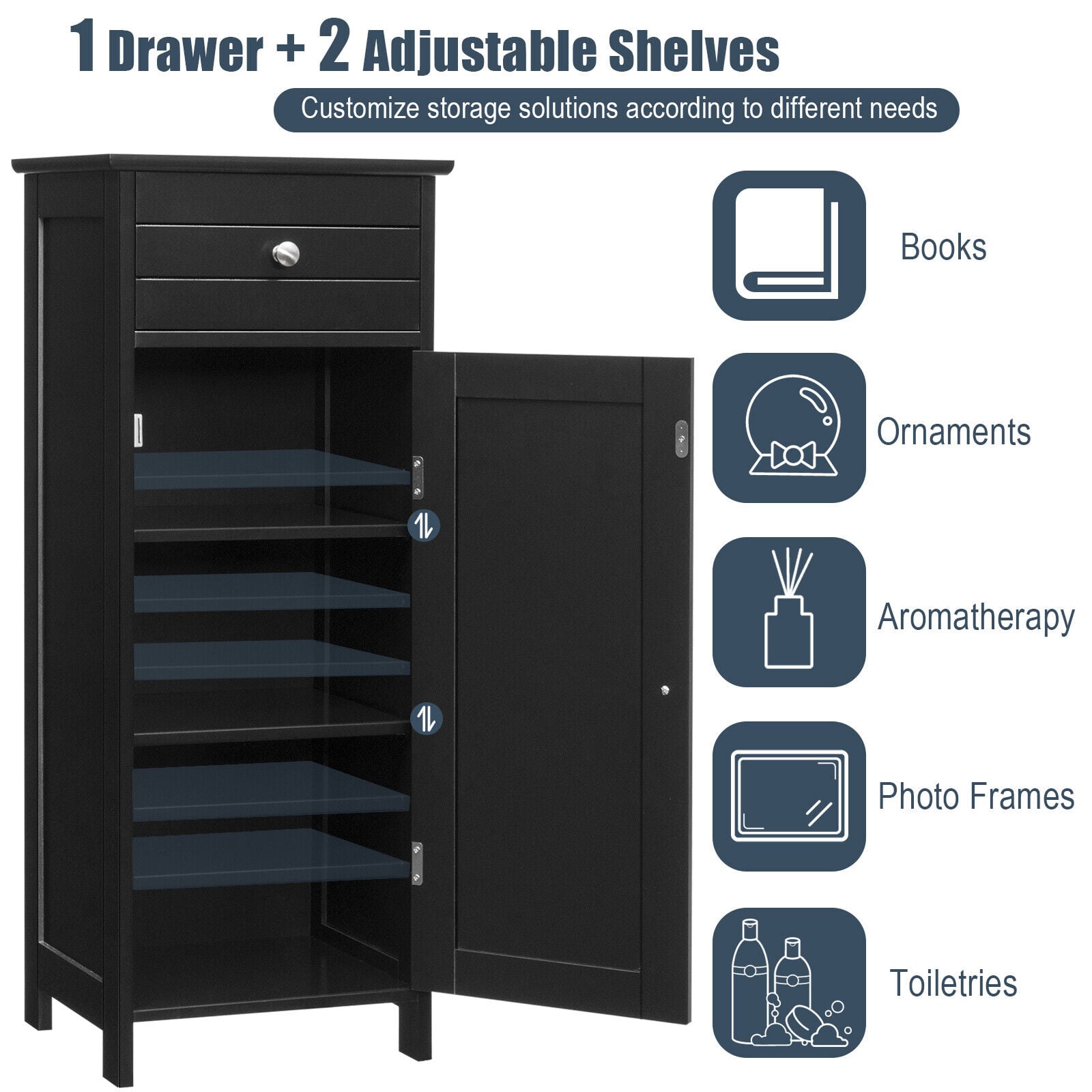 1-Door Freestanding Bathroom Storage Cabinet with Drawer and Adjustable Shelves-Black
