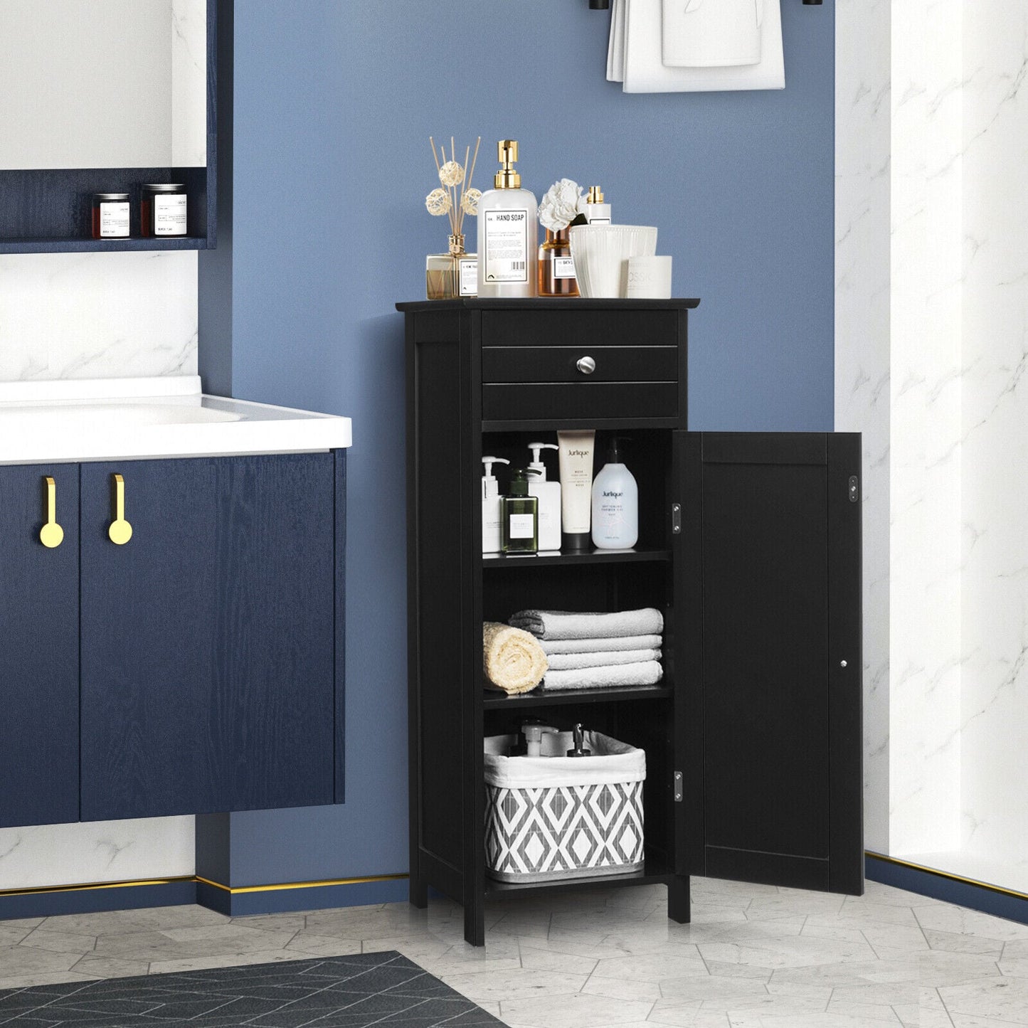 1-Door Freestanding Bathroom Storage Cabinet with Drawer and Adjustable Shelves-Black