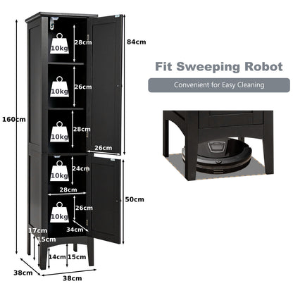 2-Door 160cm High Freestanding Bathroom Cabinet with 5-Tier Shelves-Black