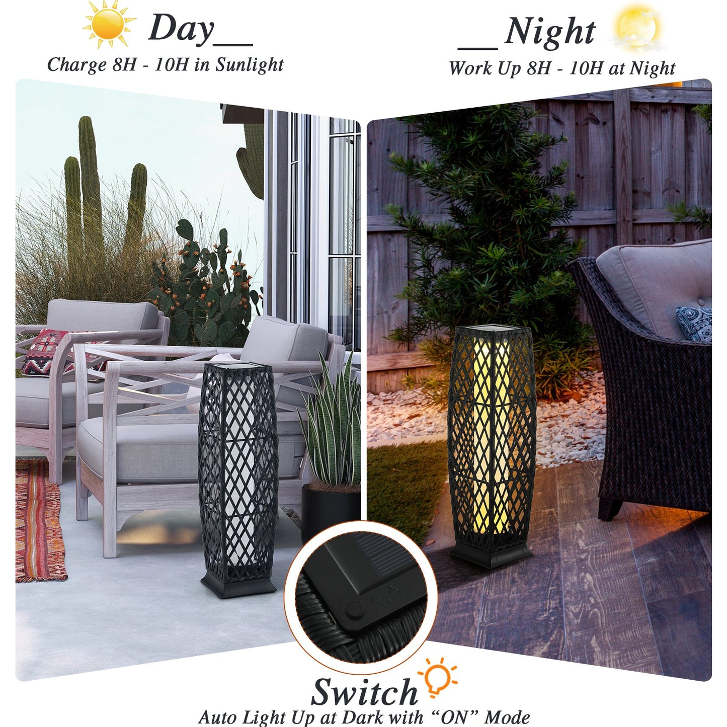 2 Pieces Outdoor Solar-Powered Floor Lamp Set-Black