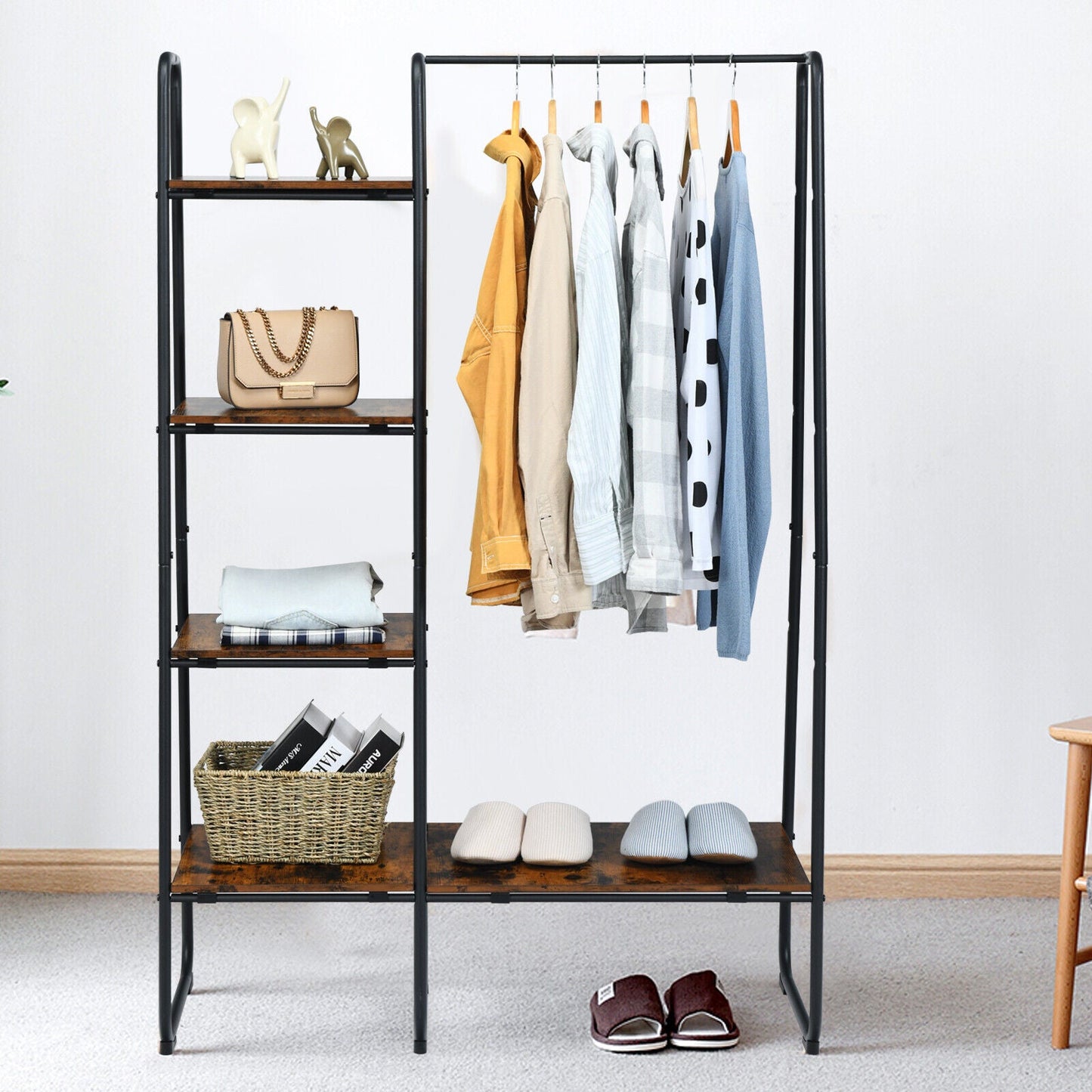 Free-Standing Garment Clothing Rack with 5-Tier Wood Shelves-Black