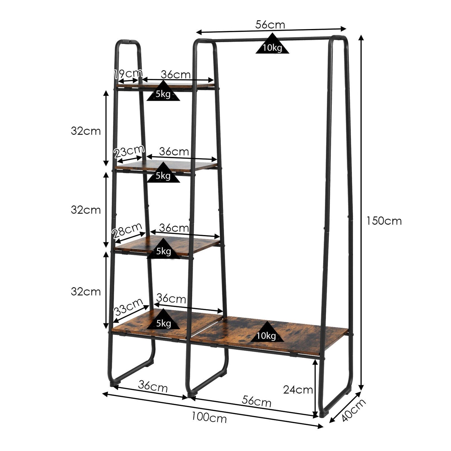 Free-Standing Garment Clothing Rack with 5-Tier Wood Shelves-Black