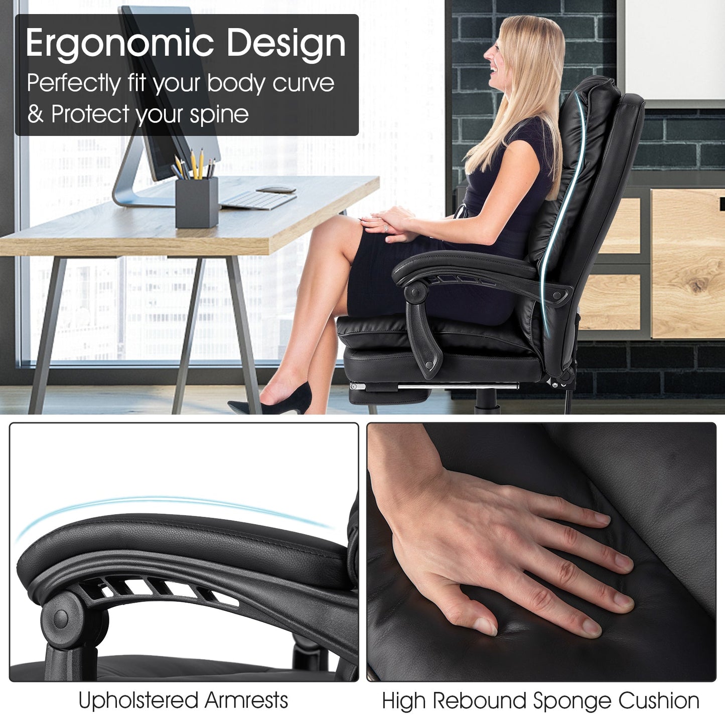 Ergonomic Adjustable High Back Rolling Computer Chair with Retractable Footrest-Black