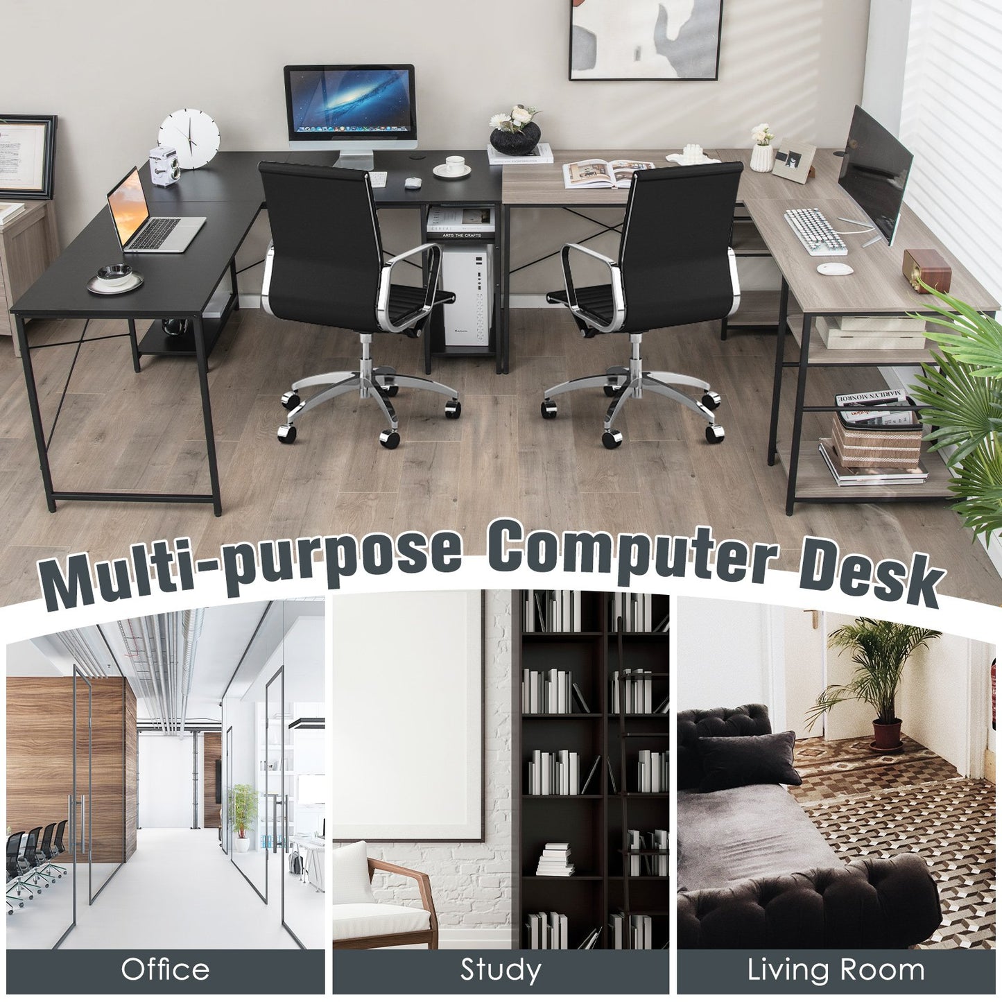 Wooden Industrial L-Shaped Desk with Storage Shelves-Black