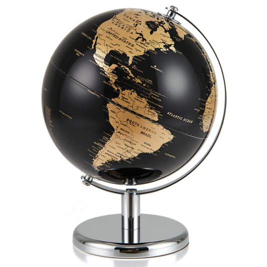 20CM Rotating Metallic Black World Globe with Metal Stand for Home School-Golden