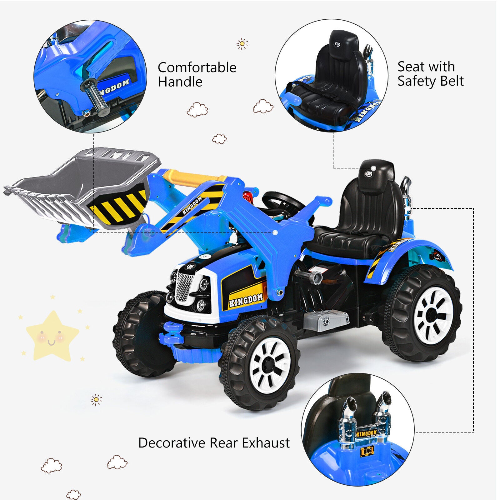 12V Battery Powered Kids Ride on Excavator with Horn and Safety Belt-Blue