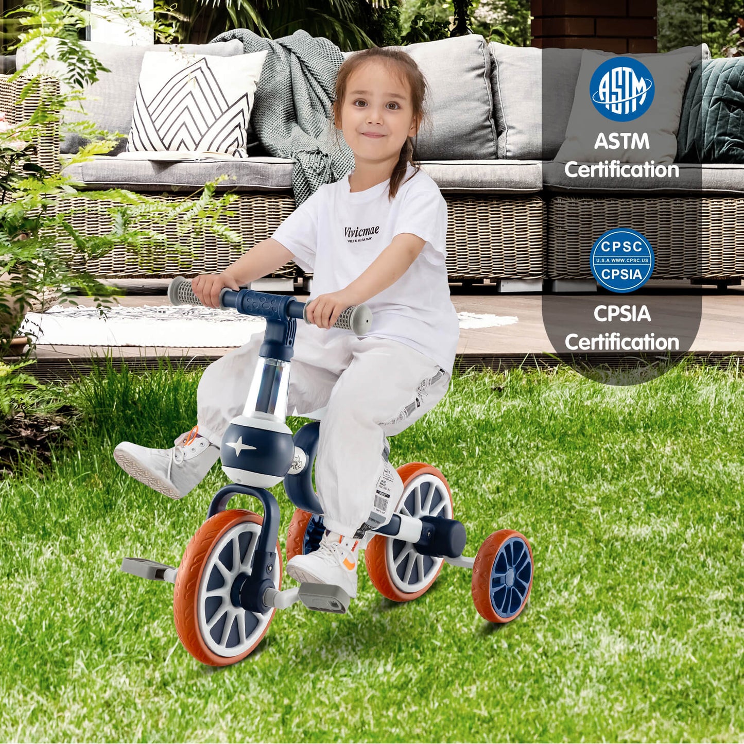 4-in-1 Multifunctional Kids Training Balance Trike wih Adjustable Push Handle-Navy
