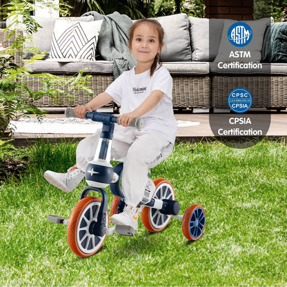 4-in-1 Multifunctional Kids Training Balance Trike wih Adjustable Push Handle-Navy