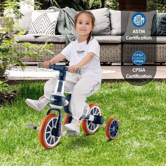 4-in-1 Multifunctional Kids Training Balance Trike wih Adjustable Push Handle-Navy