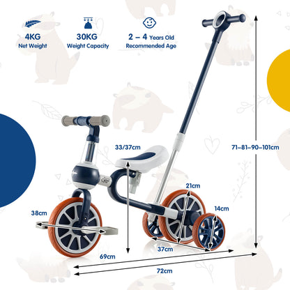 4-in-1 Multifunctional Kids Training Balance Trike wih Adjustable Push Handle-Navy