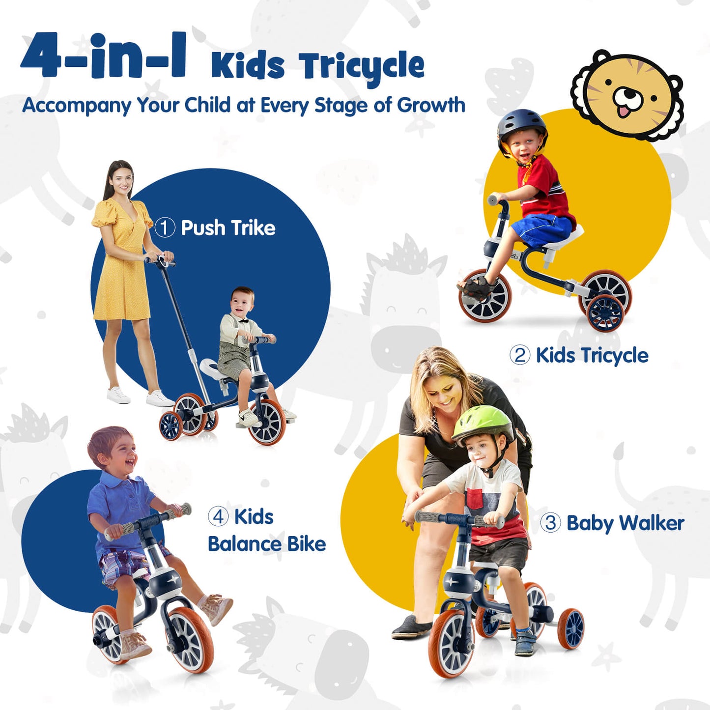 4-in-1 Multifunctional Kids Training Balance Trike wih Adjustable Push Handle-Navy