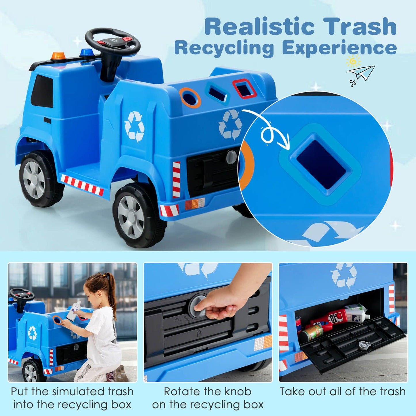 12V Kids Ride-on Garbage Truck with Warning Lights-Blue