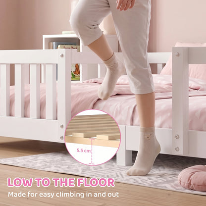 AIYAPLAY Wooden Kids House Single Bed Frame, Solid Pine Wood Toddler Bed with Dual Guardrails for Children, Boys, Girls, White
