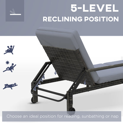 Outsunny Outdoor PE Rattan Sun Lounger Wicker Chaise Recliner Garden Chair z 5-poziomowym regulowanym oparciem i 2 kółkami, mieszany szary