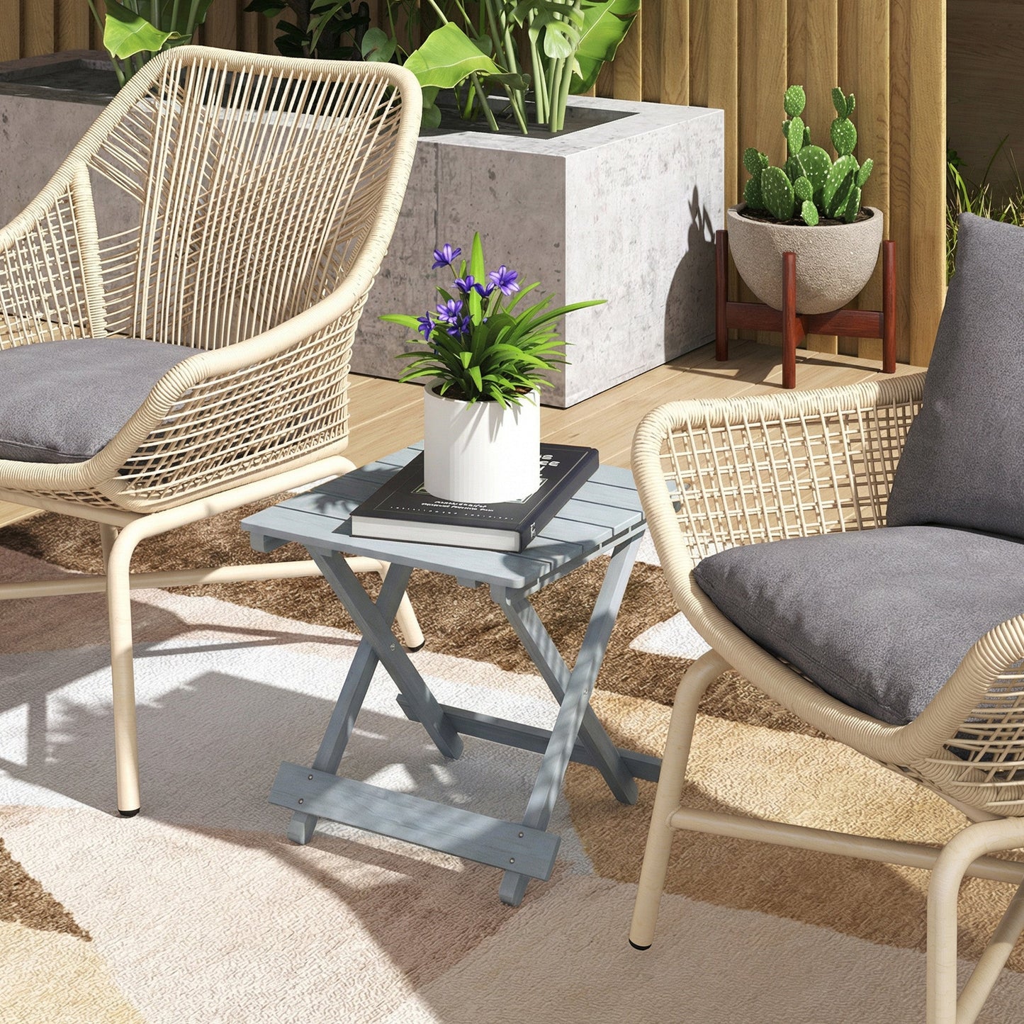 Outsunny Fir Wood Folding Coffee Table, Lightweight Small Garden Table with Slatted Top, Portable Folding Side Table for Balcony