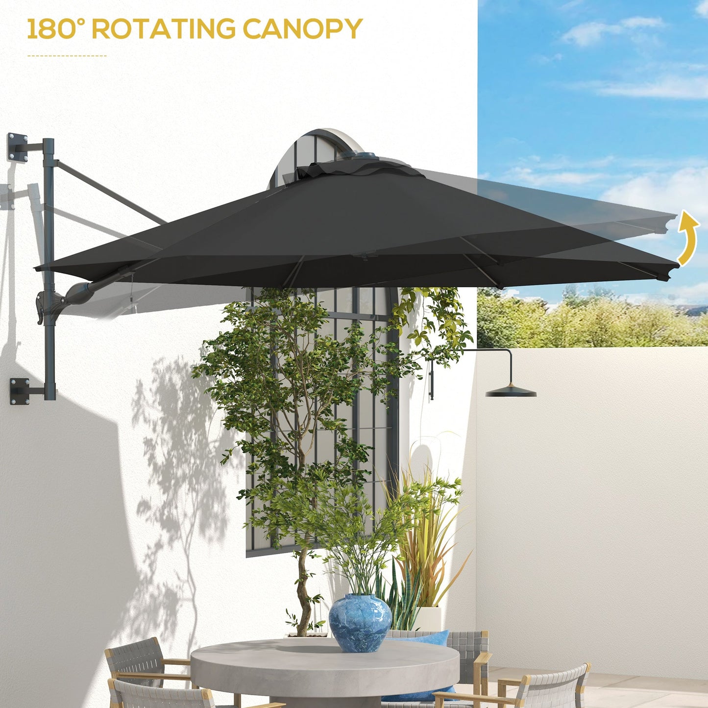 Outsunny Wall Mounted Umbrella with Vent, Garden Patio Parasol Umbrella Sun Shade Canopy, Charcoal Grey