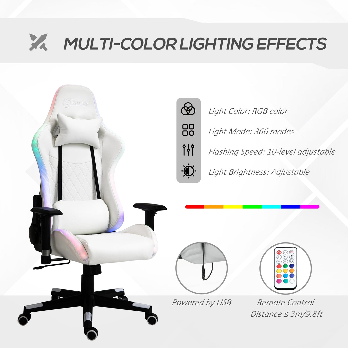 Vinsetto Gaming Chair with RGB LED Light, 2D Arm, Lumbar Support, Height Adjustable Swivel Office Computer Recliner, Racing Gamer Desk Chair for Home, White