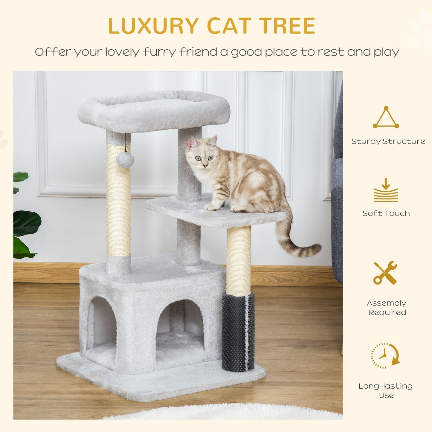 PawHut Cat Tree Tower Climbing Activity Center Kitten Furniture with Sisal Post Scratching Massage Toy Hanging Ball Bed Condo Perch 48 x 48 x 80cm Light Grey w/