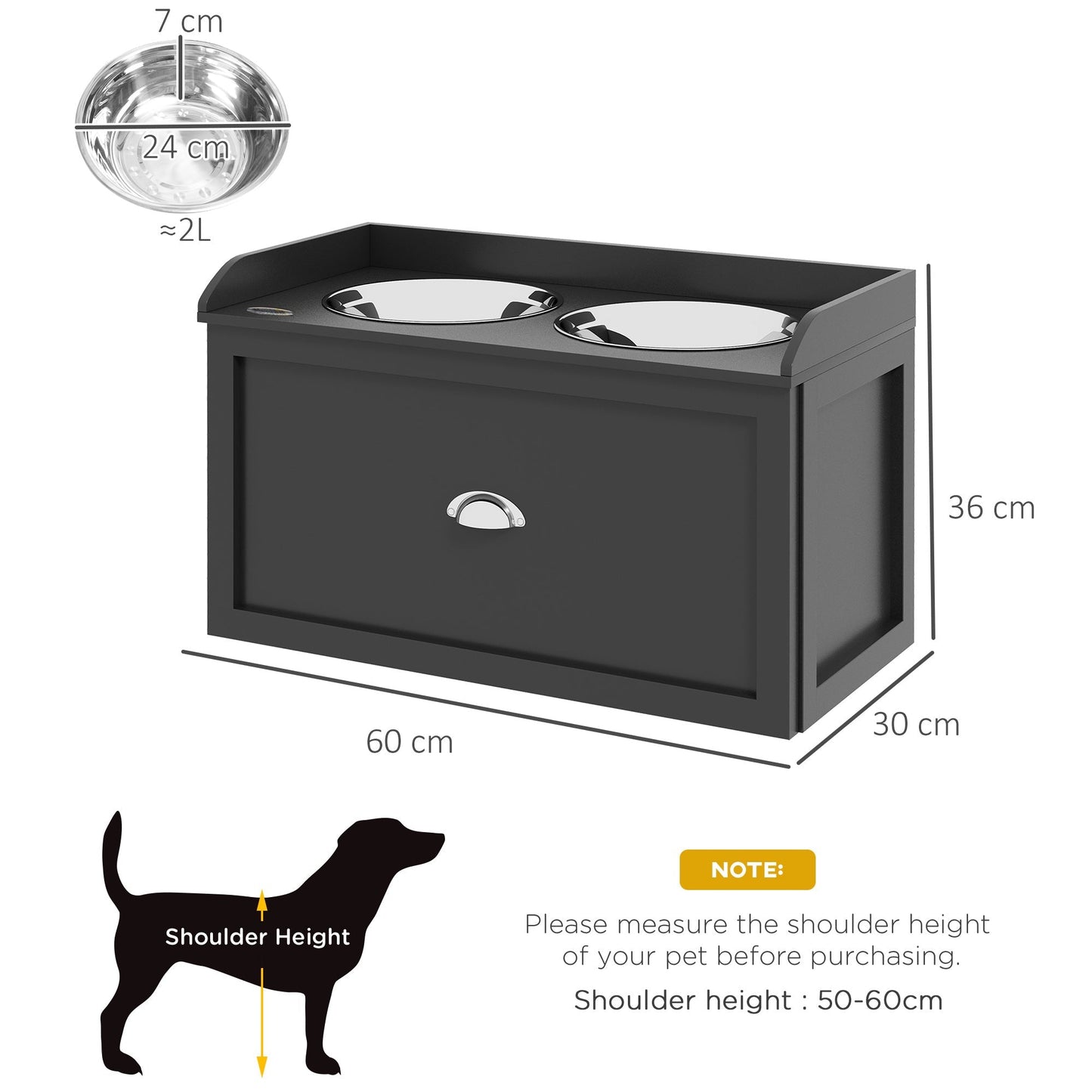 PawHut Stainless Steel Raised Dog Bowls, With 21L Storage Drawer for Large Dogs and Cats - Black