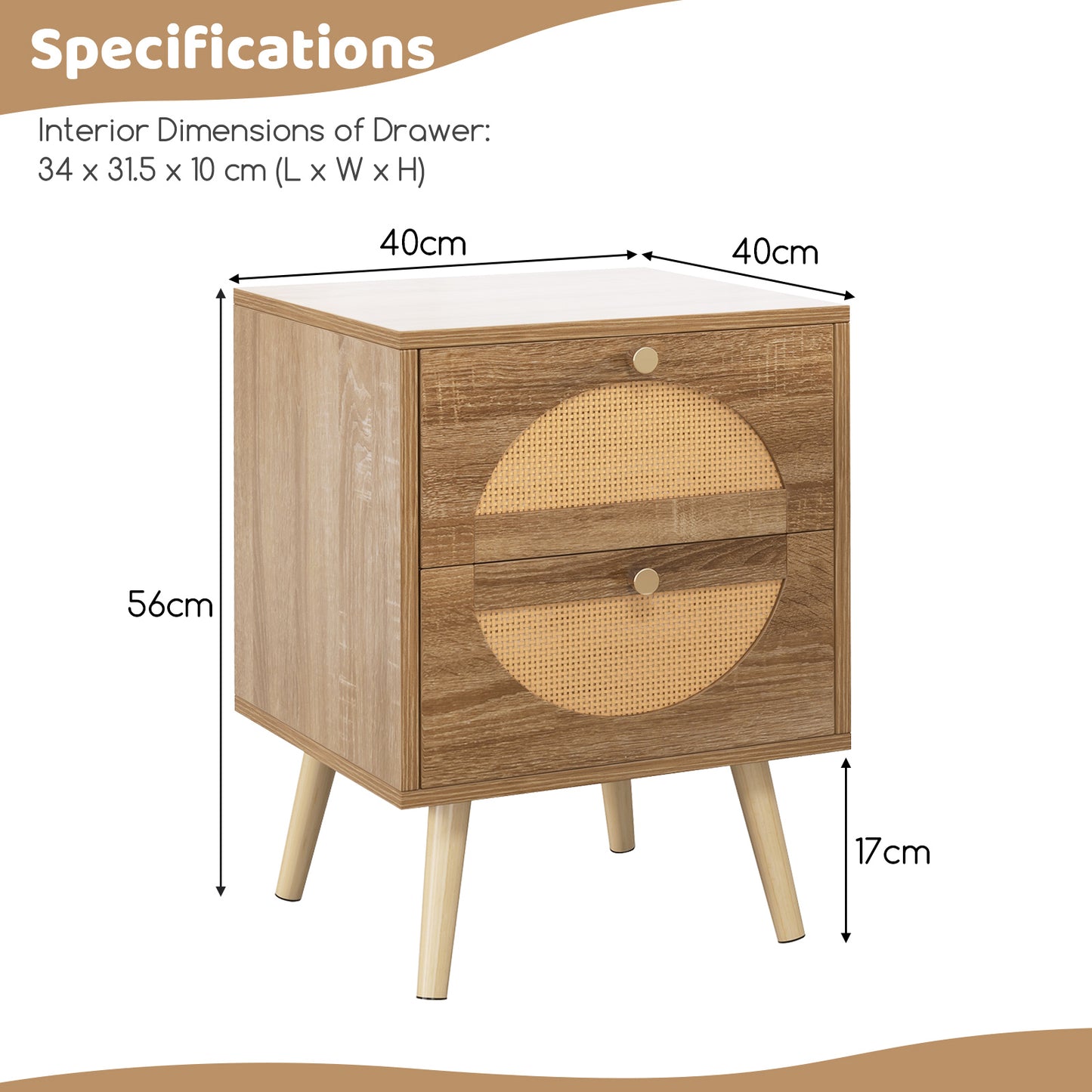 Bohemian Style Rattan Nightstand End Side Table with 2 Drawers-Oak