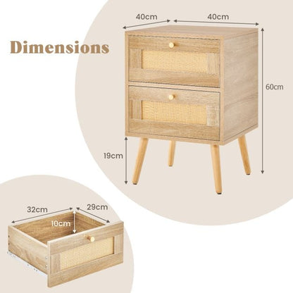 Rattan Nightstand Boho Accent Bedside Table with 2 Storage Drawers-Natural
