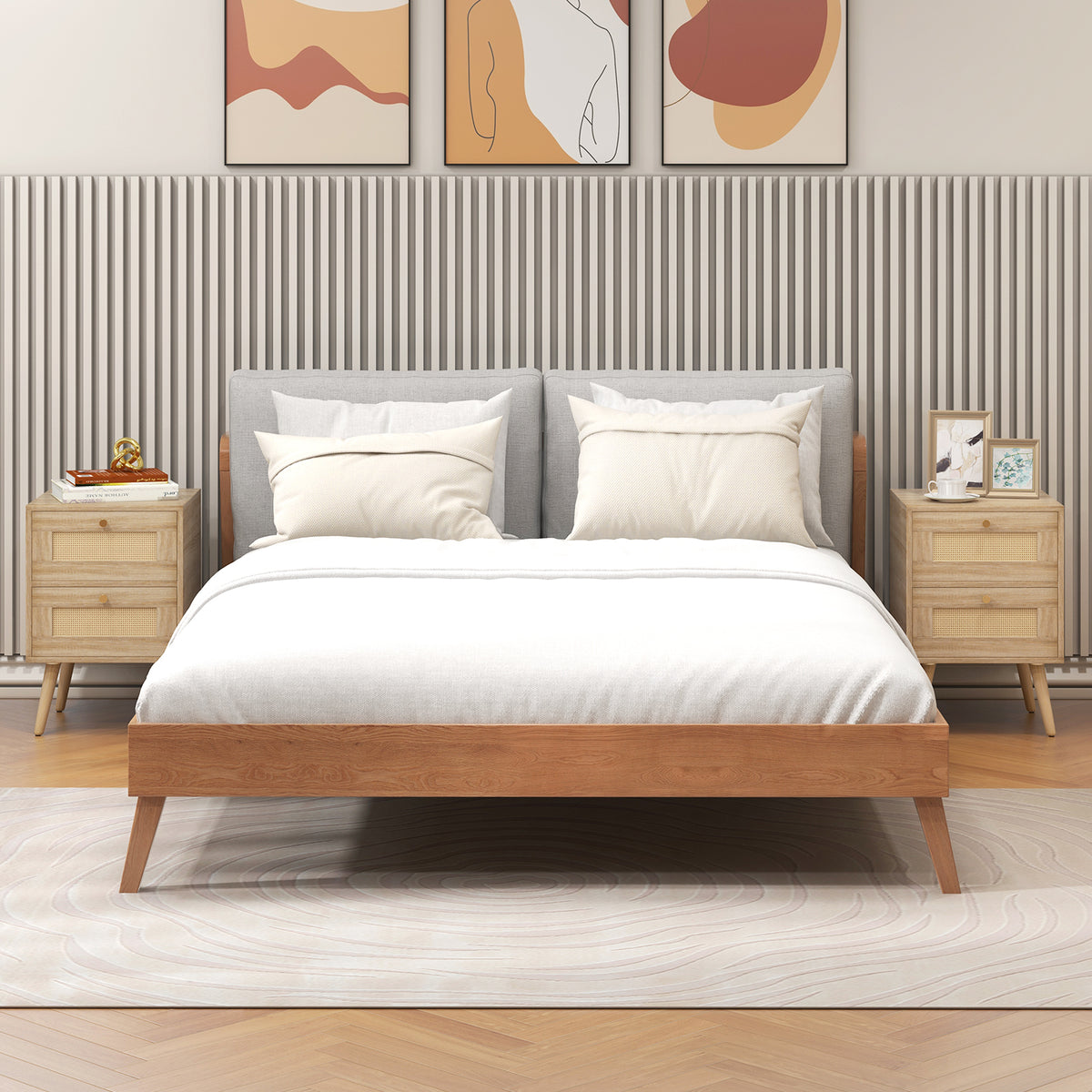Boho Accent Rattan Nightstand Bedside Table with 2 Storage Drawers-Natural