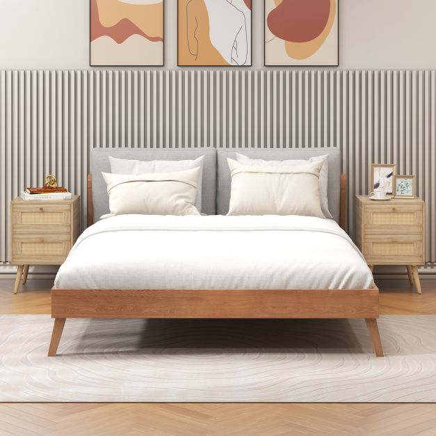 Rattan Nightstand Boho Accent Bedside Table with 2 Storage Drawers-Natural