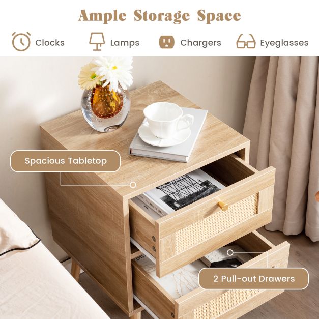Rattan Nightstand Boho Accent Bedside Table with 2 Storage Drawers-Natural