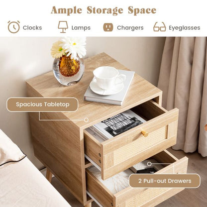 Rattan Nightstand Boho Accent Bedside Table with 2 Storage Drawers-Natural