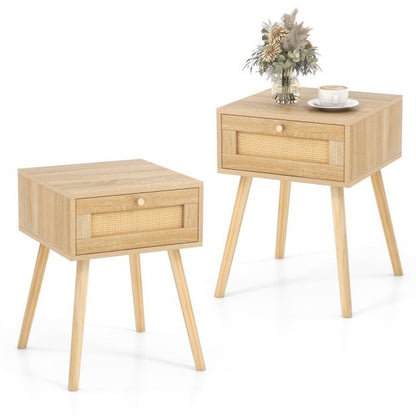 Set of 2 Rattan Bedside Tables with Drawers Side Table Nightstand Night Console Sofa Table